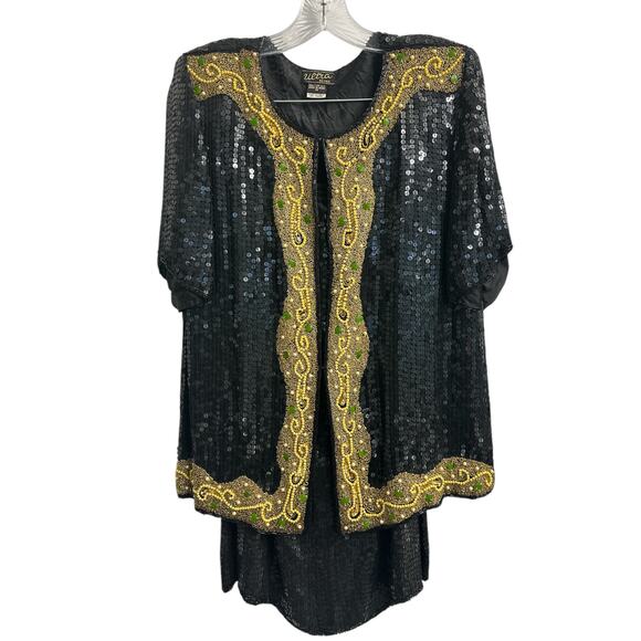 Ultra Design Vintage Sequin 2 piece Suit Jacket Skirt Women Medium Black Gold